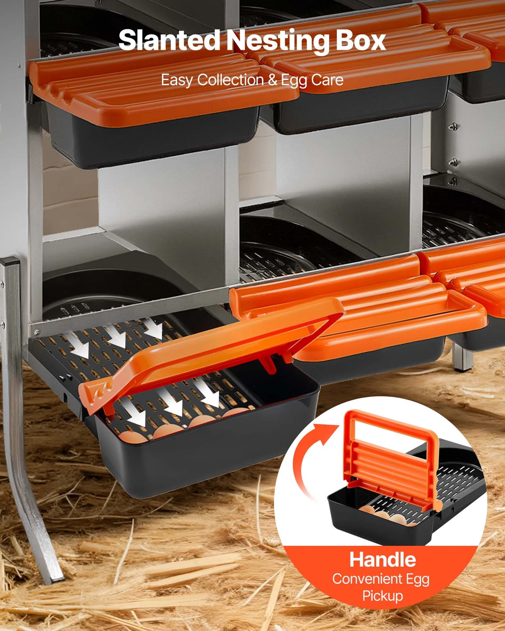 Chicken Nesting Boxes, 3 Compartments, with Support Legs, Easy Egg Collection, Galvanized Steel and High-Strength Plastic, Roll Away Nesting Boxes for Chickens and Hens Laying Eggs, Orange