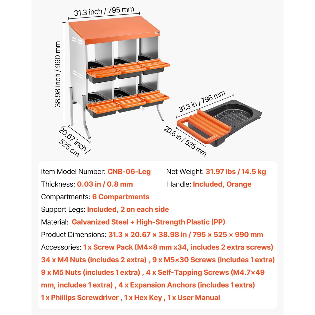 Chicken Nesting Boxes, 6 Compartments, with Support Legs, Easy Egg Collection, Galvanized Steel and High-Strength Plastic, Roll Away Nesting Boxes for Chickens and Hens Laying Eggs, Orange