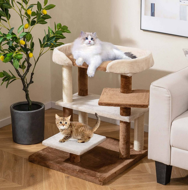 2-in-1 Cat Tree Tower Pet Steps with Sisal Scratching Posts and 4 Large Platforms-Brown - Color: Brown