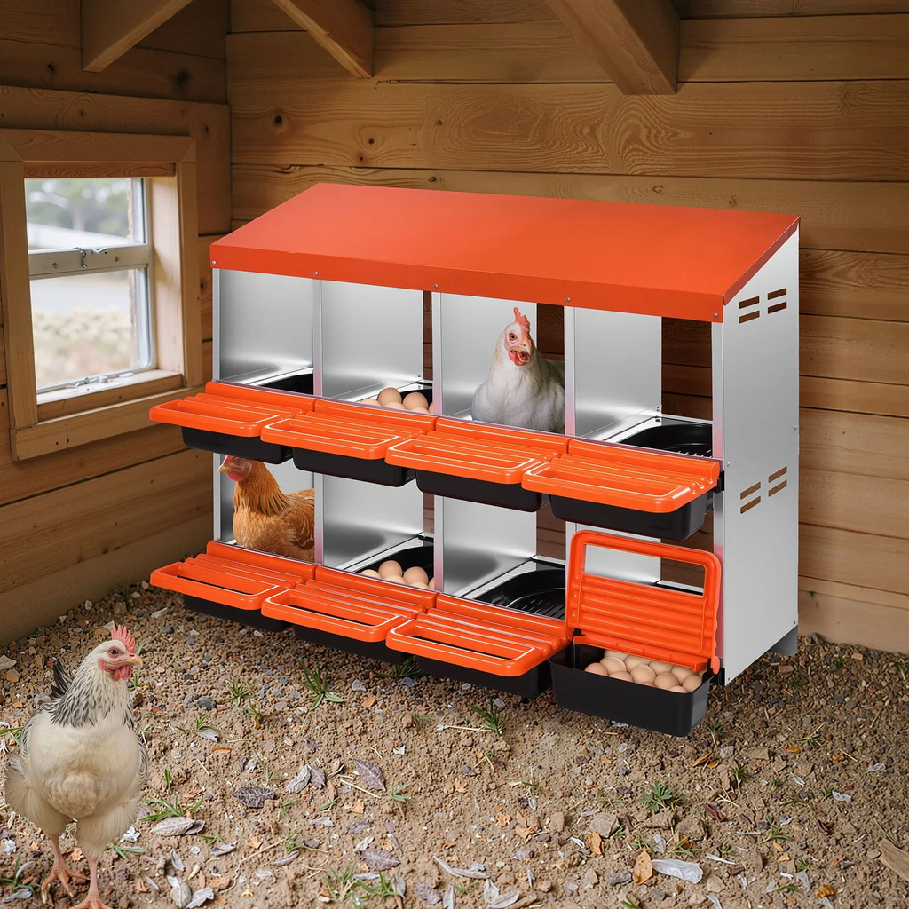 2 Tiers Chicken Nesting Boxes, 8 Compartments, Metal Egg Laying Boxes with Protective collection Lids, Roll Out Nesting Box, Easy to Assemble, Ideal for Hens, Ducks, Chickens, and Other Poultry