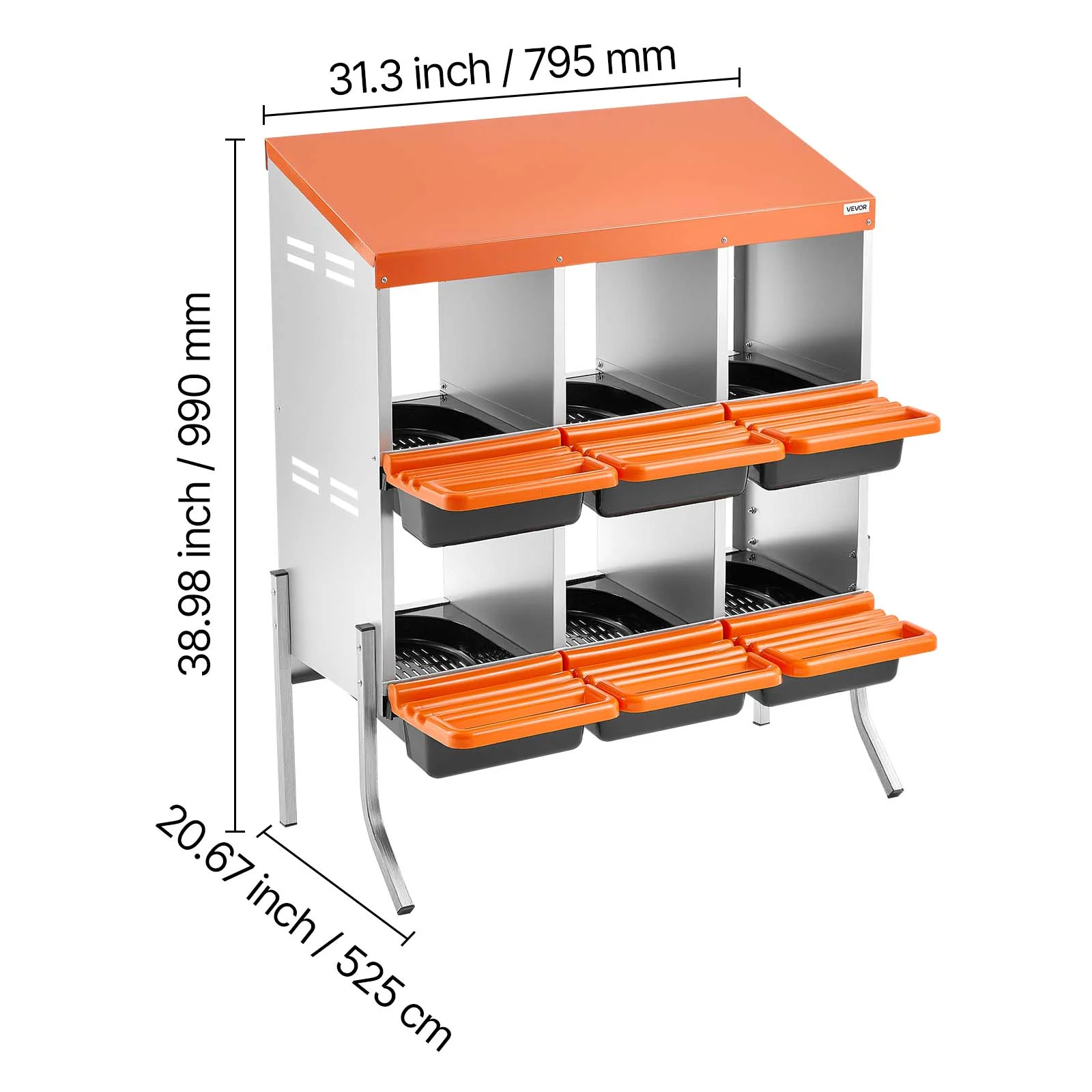 Chicken Nesting Boxes, 6 Compartments, with Support Legs, Easy Egg Collection, Galvanized Steel and High-Strength Plastic, Roll Away Nesting Boxes for Chickens and Hens Laying Eggs, Orange