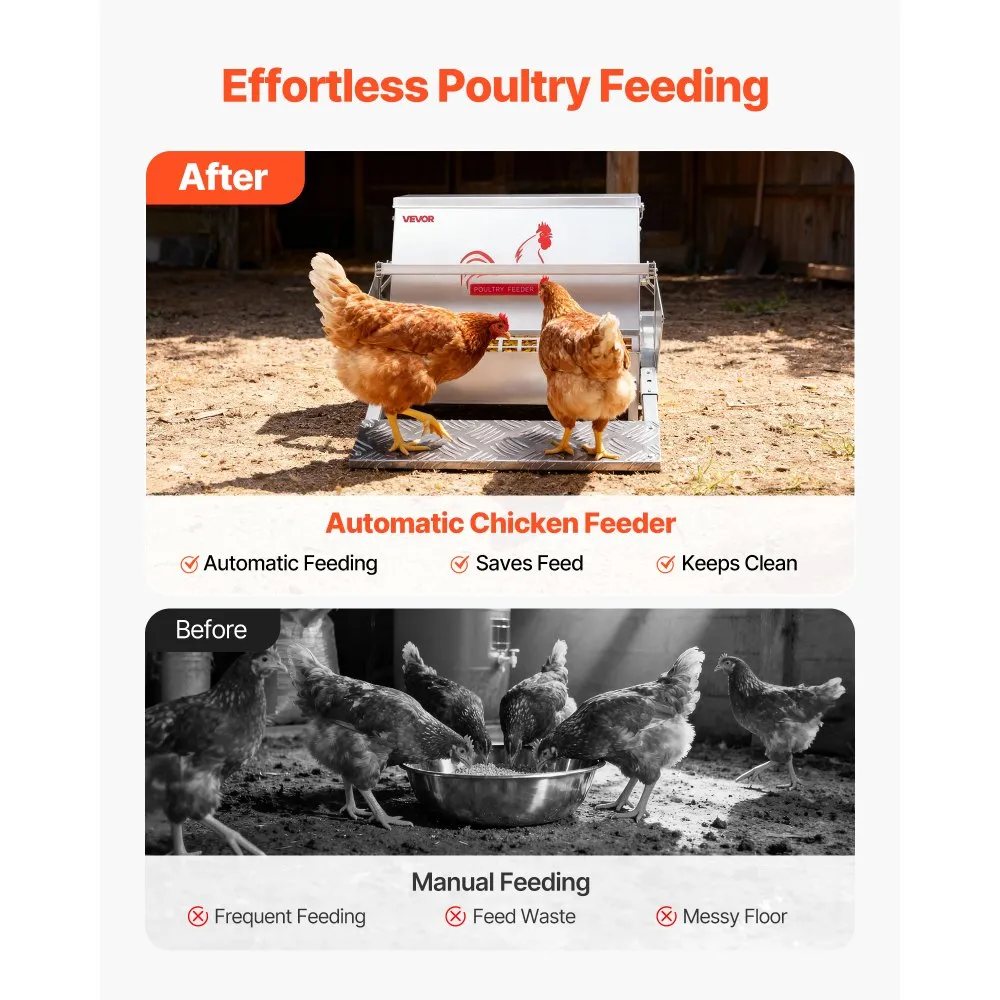 Automatic Chicken Feeder, 25 lbs Capacity, Rainproof Treadle Poultry Feeder with Lockable Lid, No Waste, Galvanized Steel Construction, Outdoor Use, for Chicken, Bantams, Poultry, Pheasants