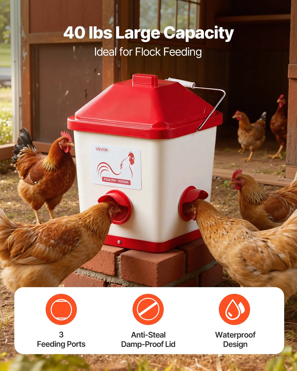 Automatic Chicken Feeder & Waterer Set, 5 Gallon/40 Pounds, Rain Proof Hanging Poultry Feeder with Water Cup No Waste, Automatic Gravity, Avoid Small Animals, Suitable for Chicken, Duck, Turkey