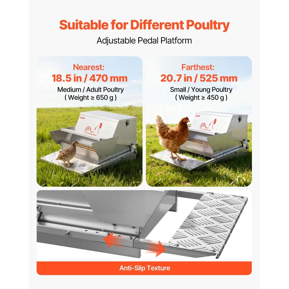 Automatic Chicken Feeder, 40 lbs Capacity, Rainproof Treadle Poultry Feeder with Lockable Lid, No Waste, Galvanized Steel Construction, Outdoor Use, for Chicken, Bantams, Poultry, Pheasants