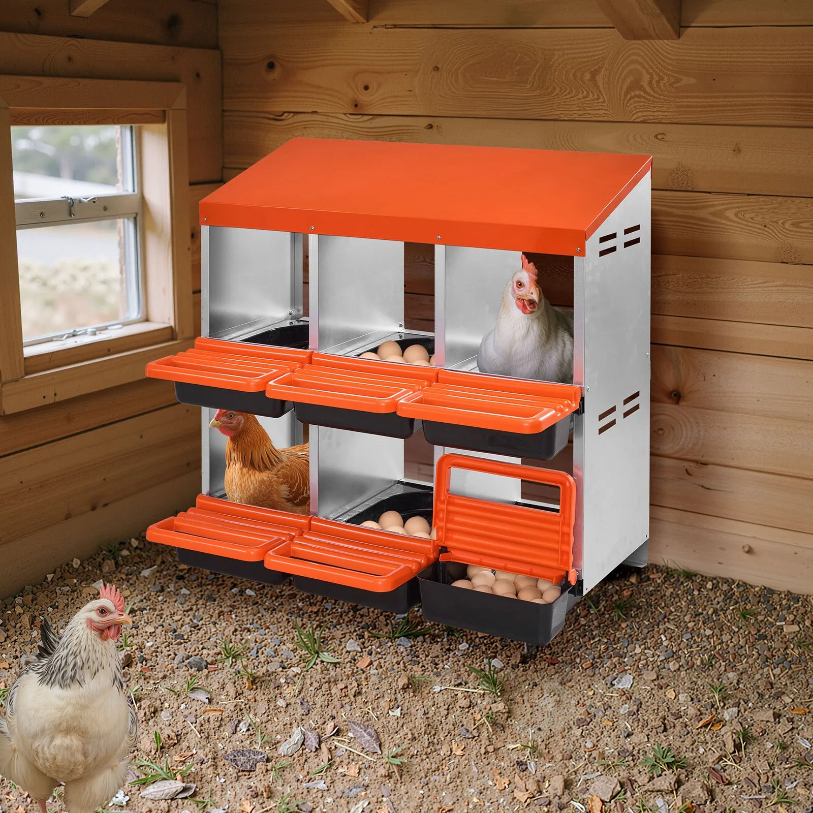 2 Tiers Chicken Nesting Boxes, 6 Compartments, Metal Egg Laying Boxes with Protective Collection Lids, Roll Out Nesting Box, Easy to Assemble, Ideal for Hens, Ducks, Chickens, and Other Poultry