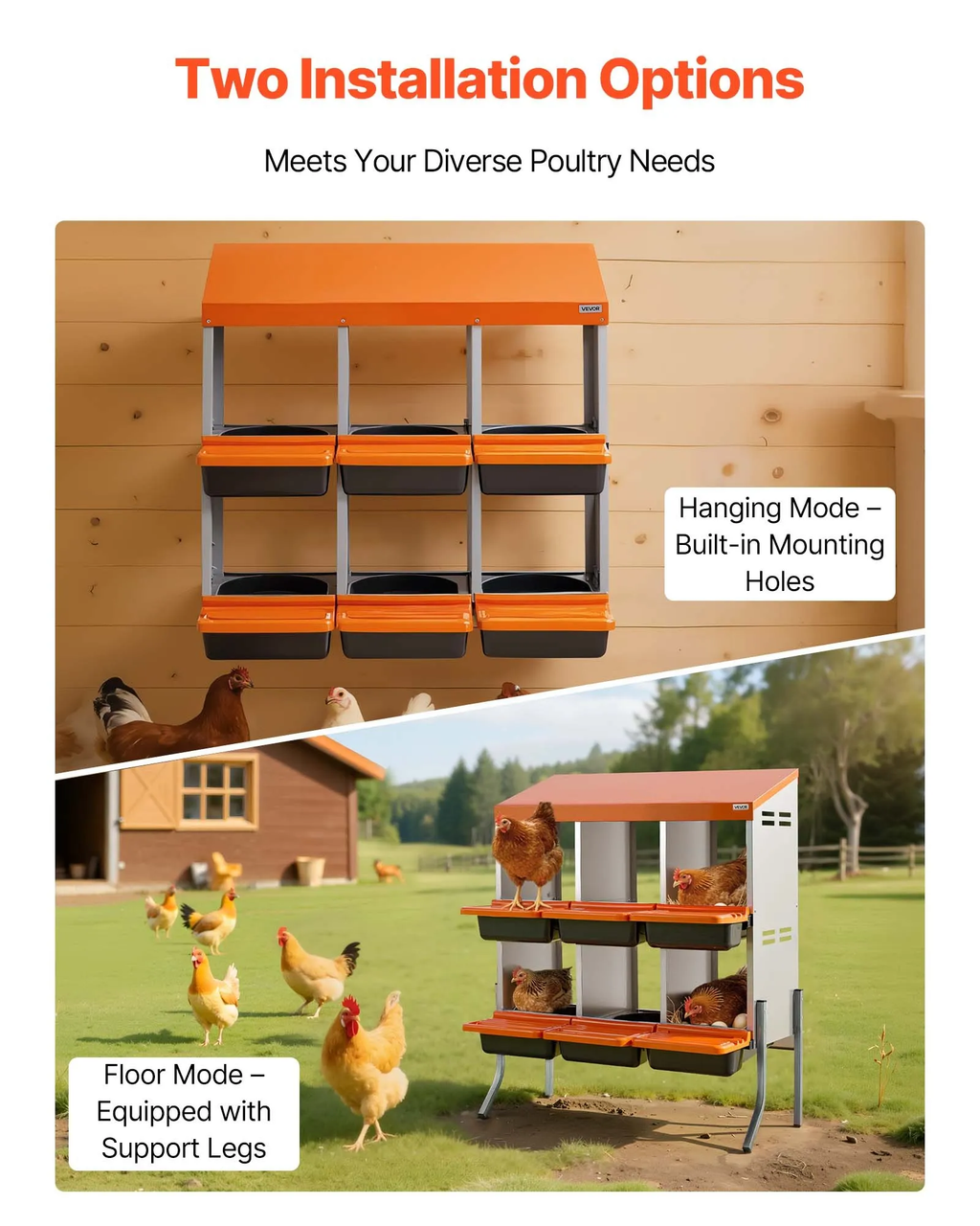 Chicken Nesting Boxes, 3 Compartments, with Support Legs, Easy Egg Collection, Galvanized Steel and High-Strength Plastic, Roll Away Nesting Boxes for Chickens and Hens Laying Eggs, Orange
