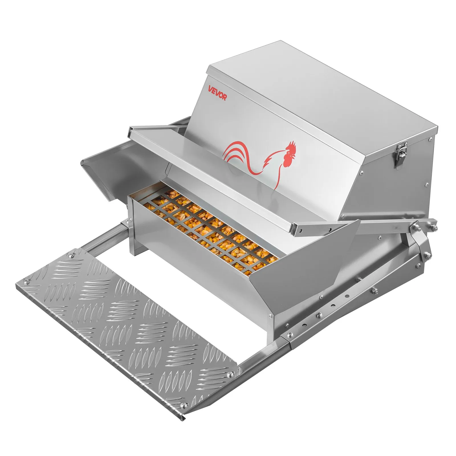 Automatic Chicken Feeder, 25 lbs Capacity, Rainproof Treadle Poultry Feeder with Lockable Lid, No Waste, Galvanized Steel Construction, Outdoor Use, for Chicken, Bantams, Poultry, Pheasants