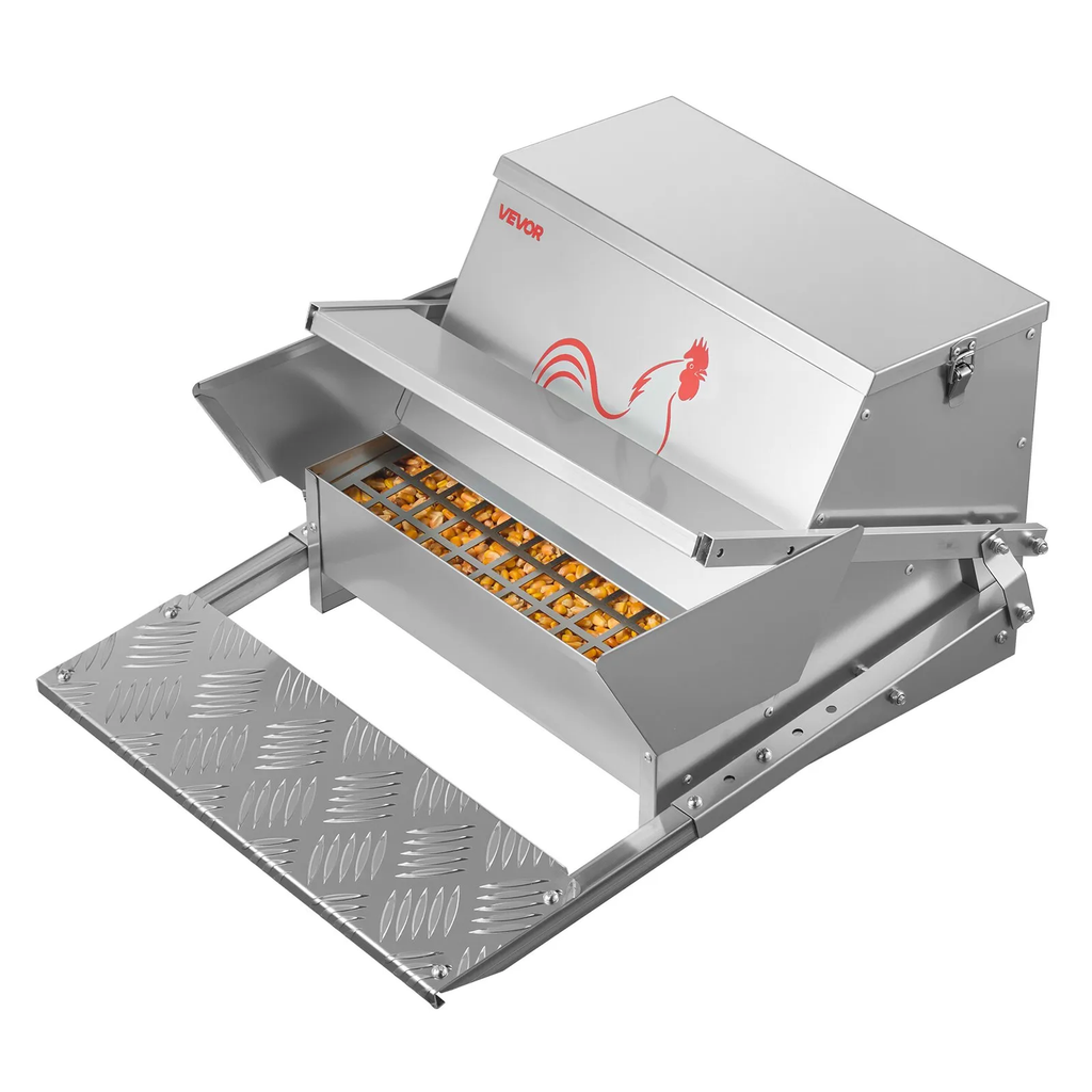 Automatic Chicken Feeder, 40 lbs Capacity, Rainproof Treadle Poultry Feeder with Lockable Lid, No Waste, Galvanized Steel Construction, Outdoor Use, for Chicken, Bantams, Poultry, Pheasants