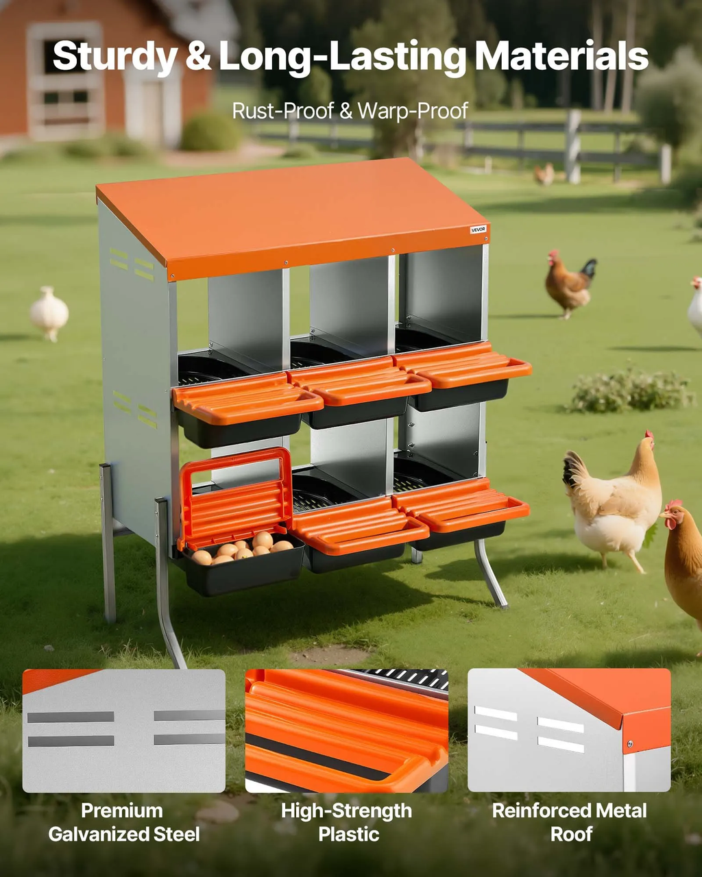 Chicken Nesting Boxes, 3 Compartments, with Support Legs, Easy Egg Collection, Galvanized Steel and High-Strength Plastic, Roll Away Nesting Boxes for Chickens and Hens Laying Eggs, Orange