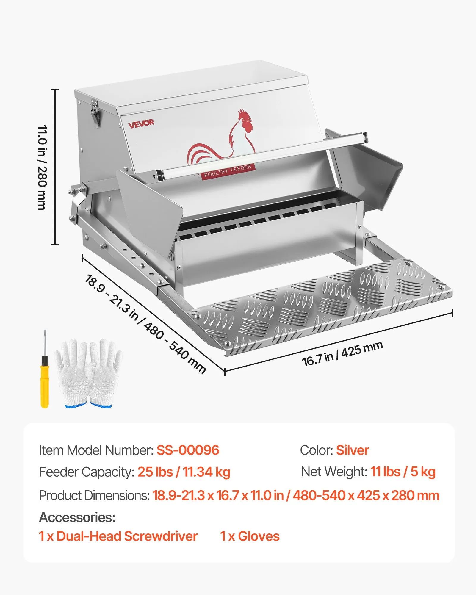 Automatic Chicken Feeder, 40 lbs Capacity, Rainproof Treadle Poultry Feeder with Lockable Lid, No Waste, Galvanized Steel Construction, Outdoor Use, for Chicken, Bantams, Poultry, Pheasants