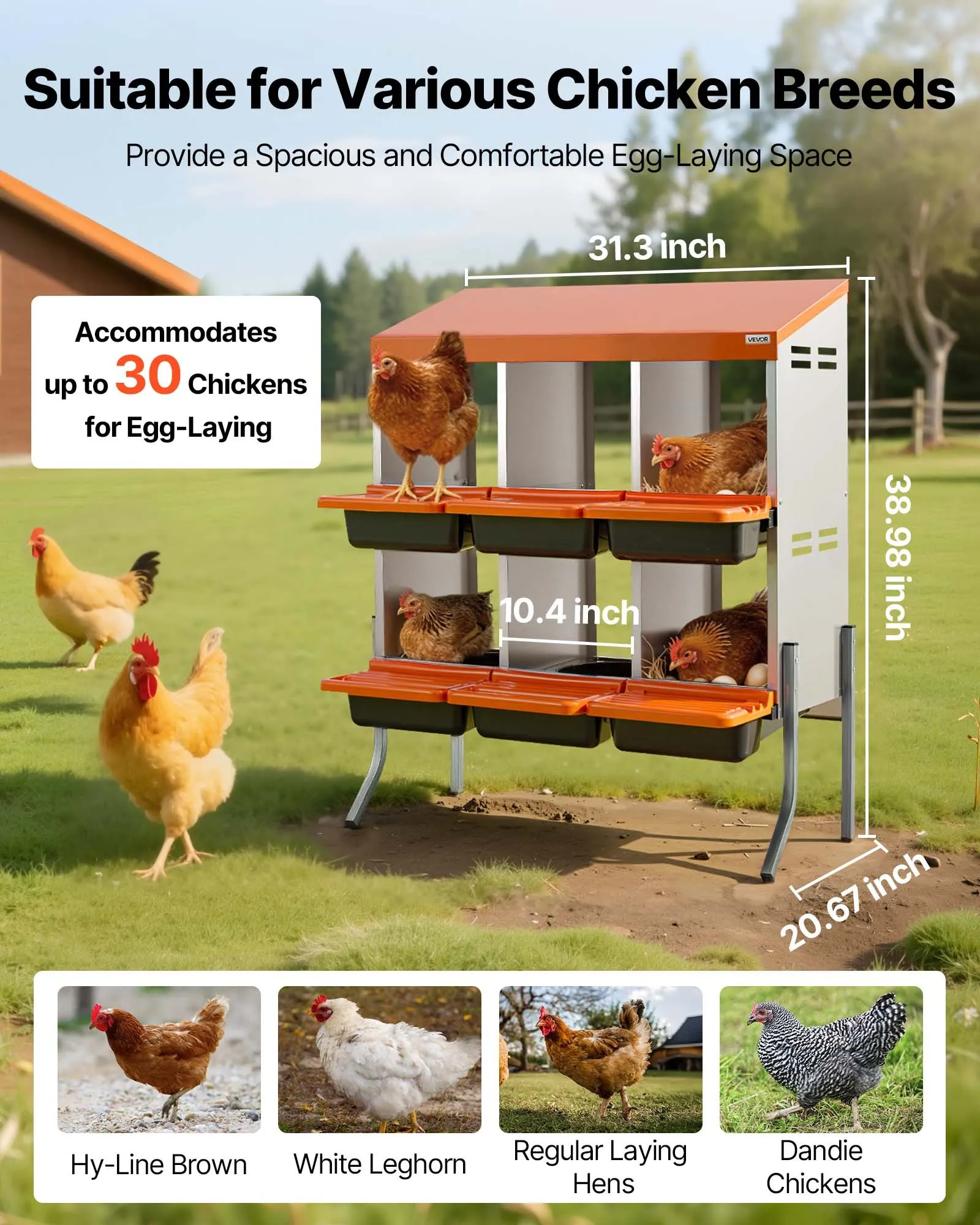 Chicken Nesting Boxes, 3 Compartments, with Support Legs, Easy Egg Collection, Galvanized Steel and High-Strength Plastic, Roll Away Nesting Boxes for Chickens and Hens Laying Eggs, Orange