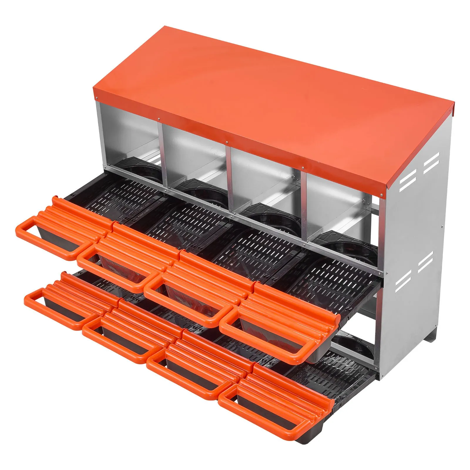 2 Tiers Chicken Nesting Boxes, 8 Compartments, Metal Egg Laying Boxes with Protective collection Lids, Roll Out Nesting Box, Easy to Assemble, Ideal for Hens, Ducks, Chickens, and Other Poultry