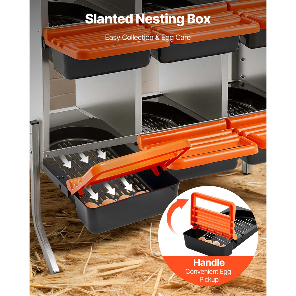Chicken Nesting Boxes, 6 Compartments, with Support Legs, Easy Egg Collection, Galvanized Steel and High-Strength Plastic, Roll Away Nesting Boxes for Chickens and Hens Laying Eggs, Orange
