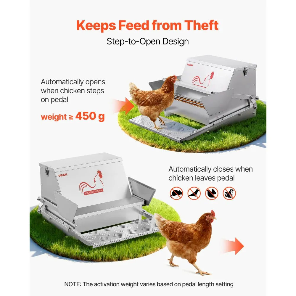 Automatic Chicken Feeder, 40 lbs Capacity, Rainproof Treadle Poultry Feeder with Lockable Lid, No Waste, Galvanized Steel Construction, Outdoor Use, for Chicken, Bantams, Poultry, Pheasants