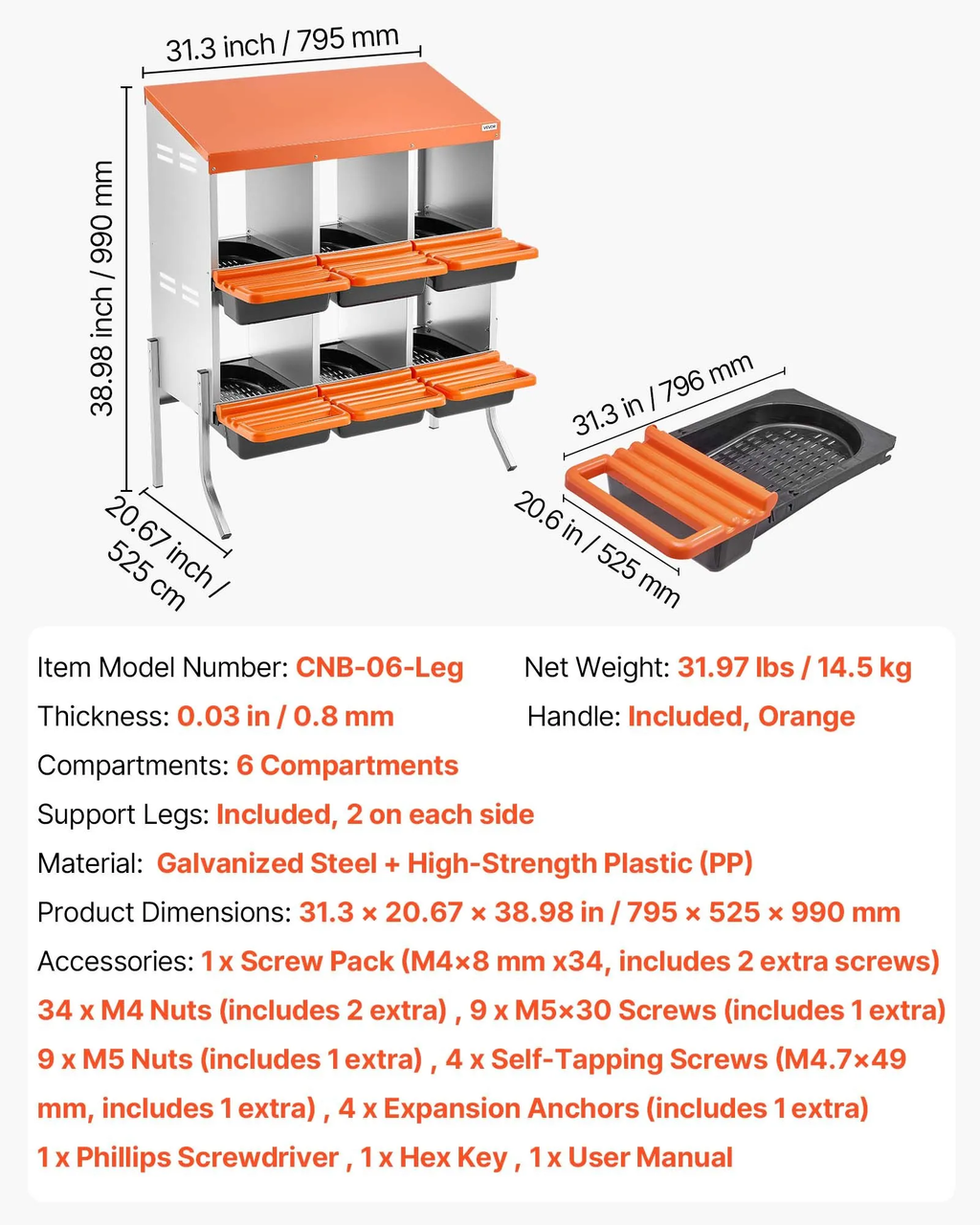 Chicken Nesting Boxes, 3 Compartments, with Support Legs, Easy Egg Collection, Galvanized Steel and High-Strength Plastic, Roll Away Nesting Boxes for Chickens and Hens Laying Eggs, Orange
