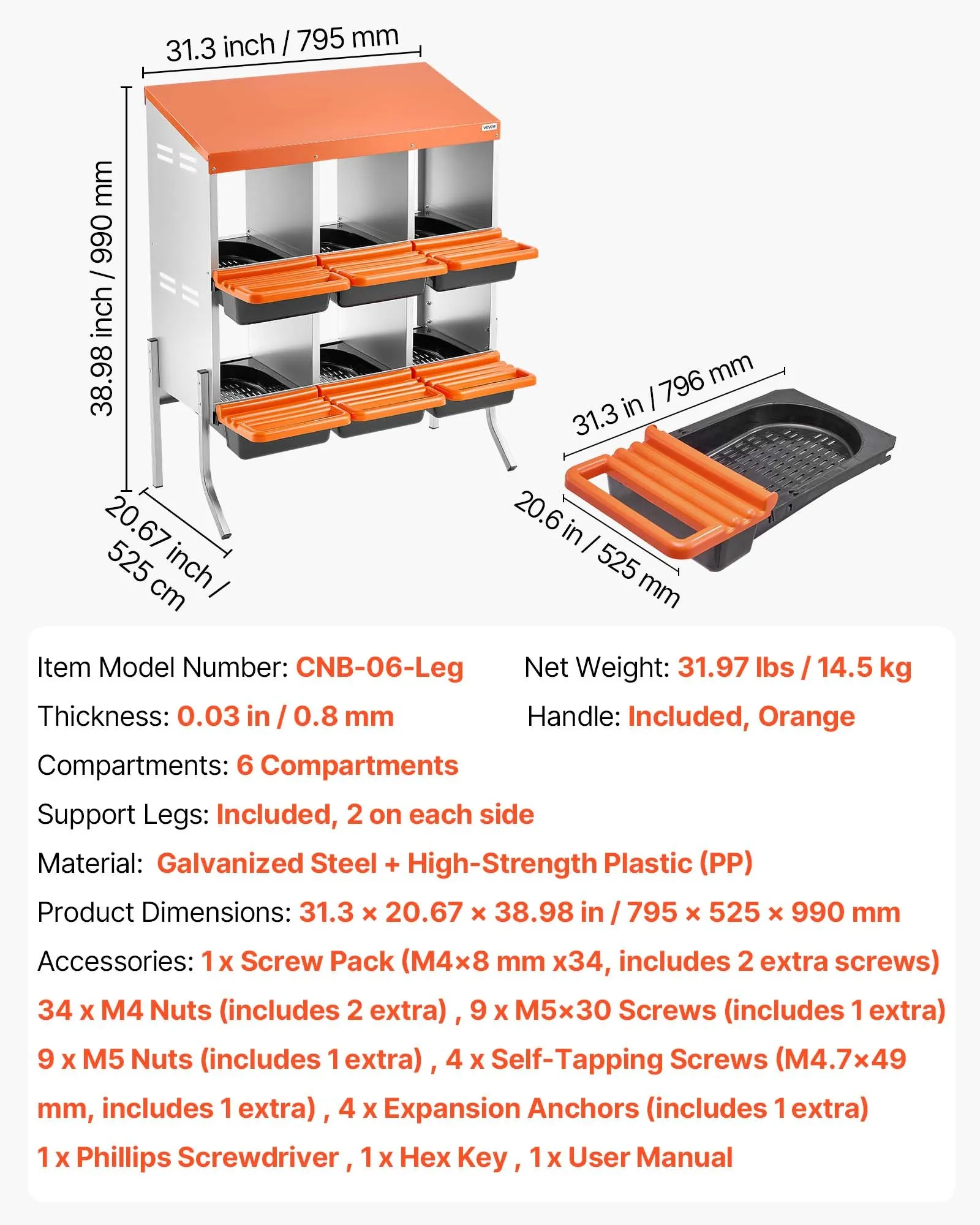 Chicken Nesting Boxes, 3 Compartments, with Support Legs, Easy Egg Collection, Galvanized Steel and High-Strength Plastic, Roll Away Nesting Boxes for Chickens and Hens Laying Eggs, Orange