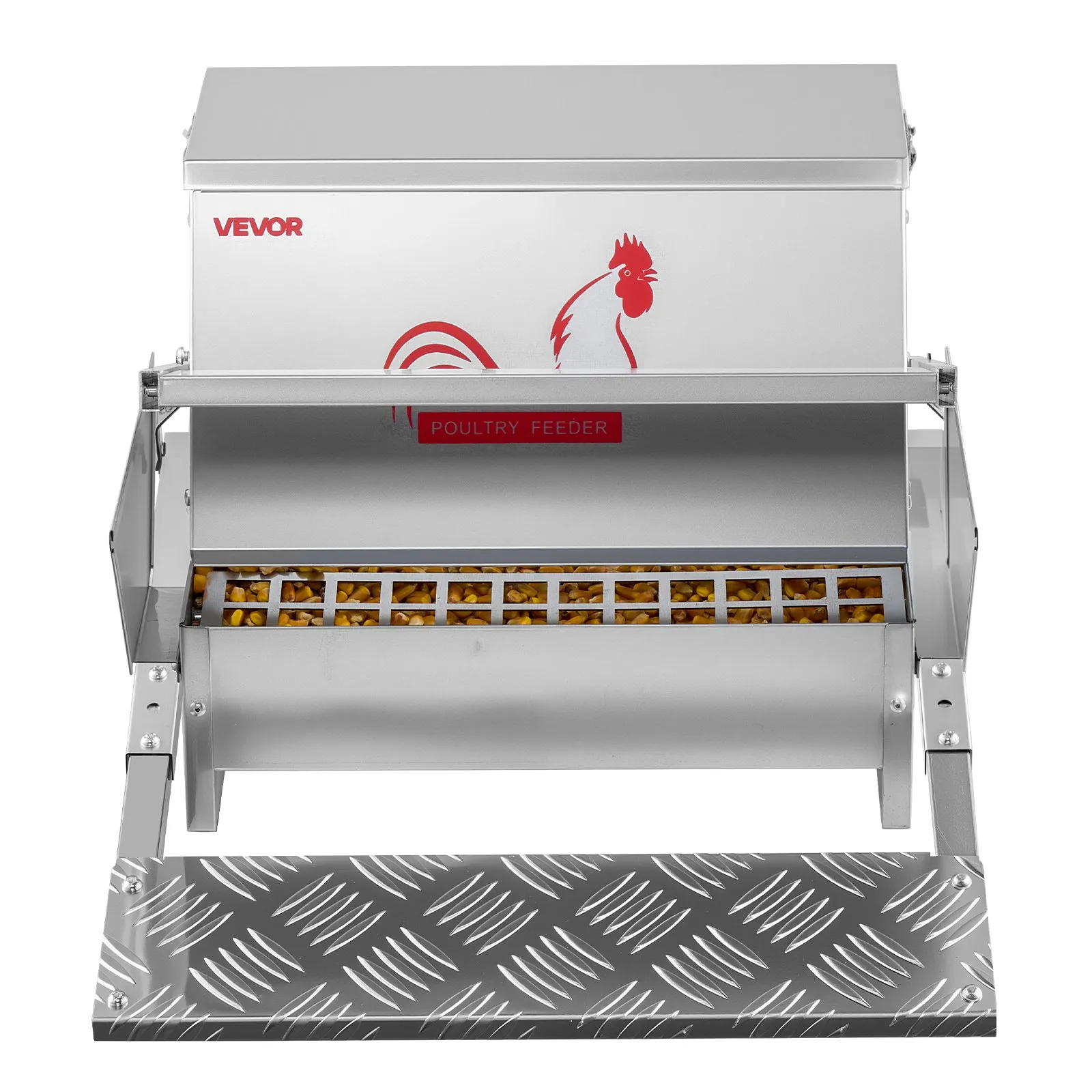 Automatic Chicken Feeder, 40 lbs Capacity, Rainproof Treadle Poultry Feeder with Lockable Lid, No Waste, Galvanized Steel Construction, Outdoor Use, for Chicken, Bantams, Poultry, Pheasants
