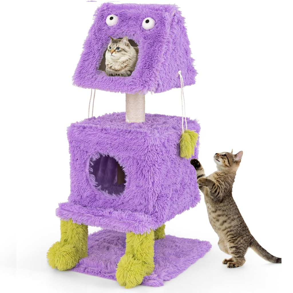 Cute Monster-Themed Cat Tower with 2 Private Condos for Small Place-Purple