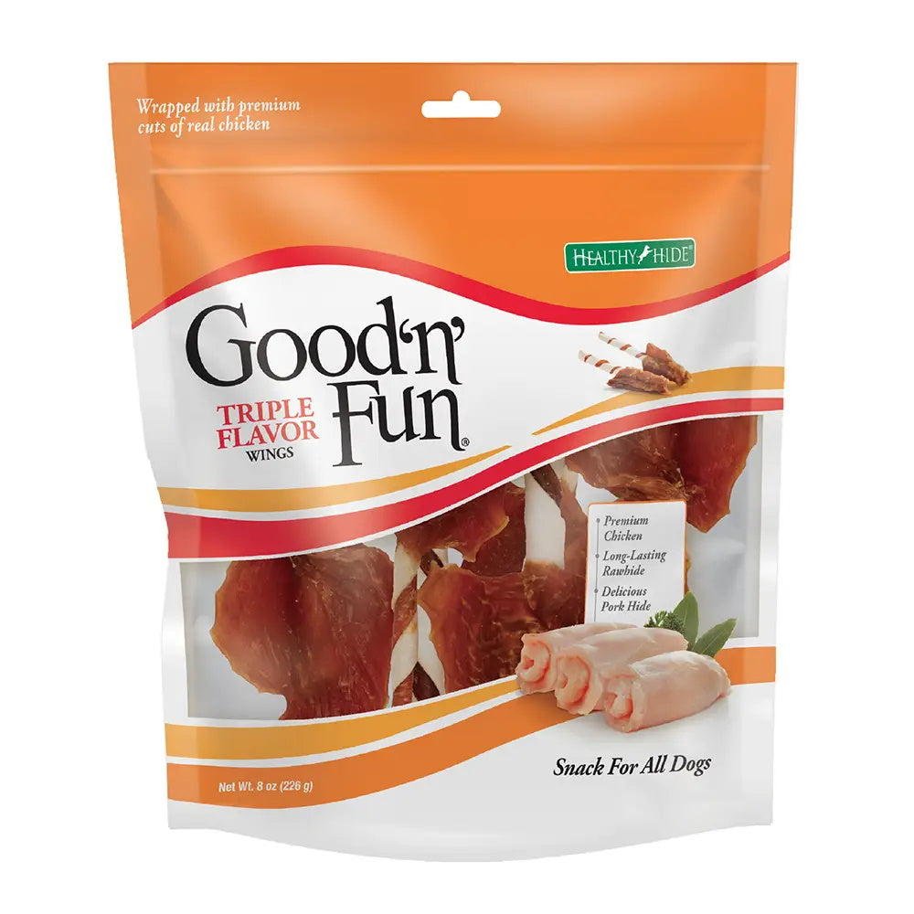 Healthy Hide Good n Fun Triple Flavor Wings Chicken Rawhide and Pork Hide 8Oz