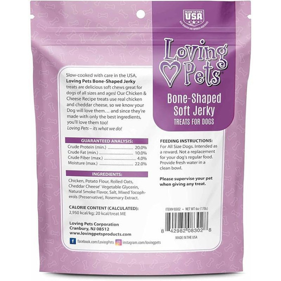 LP08302 LOVING PETS Bone Shaped Soft Jerky Treats Chicken and Cheese 6oz