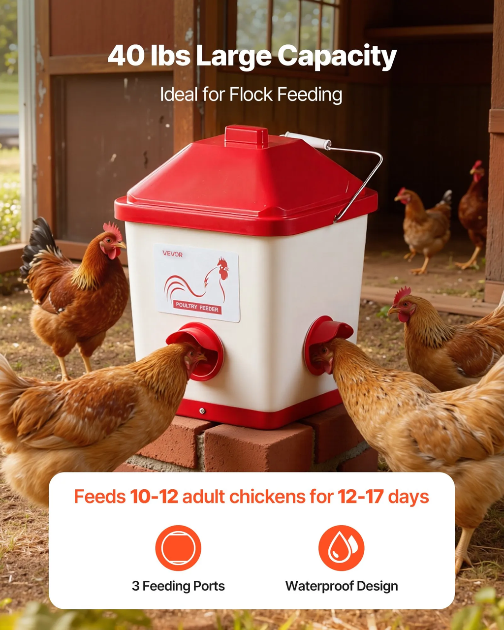 Automatic Chicken Feeder, 40 Pounds Capacity, Large Gravity Hanging Poultry Feeder Dispenser with Handle, No Waste Rainproof Design, 3 Feeding Ports, Inside or Outside Hen Coop, for Chickens