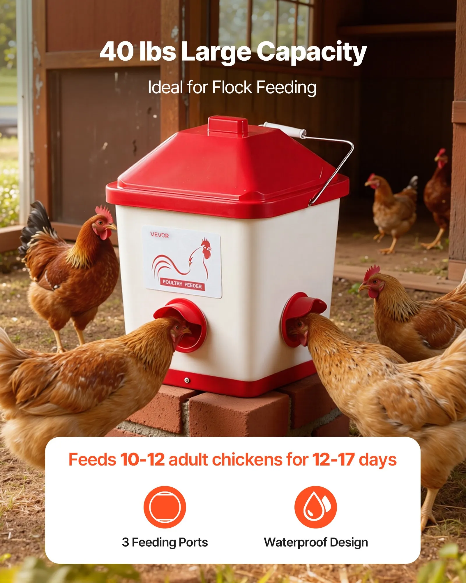 Automatic Chicken Feeder, 40 Pounds Capacity, Large Gravity Hanging Poultry Feeder Dispenser with Handle, No Waste Rainproof Design, 3 Feeding Ports, Inside or Outside Hen Coop, for Chickens