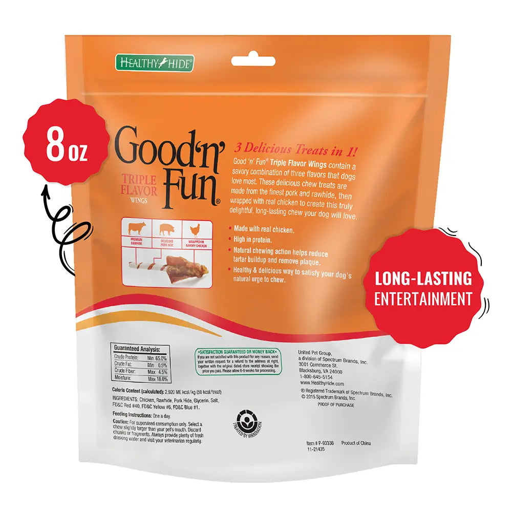 Healthy Hide Good n Fun Triple Flavor Wings Chicken Rawhide and Pork Hide 8Oz
