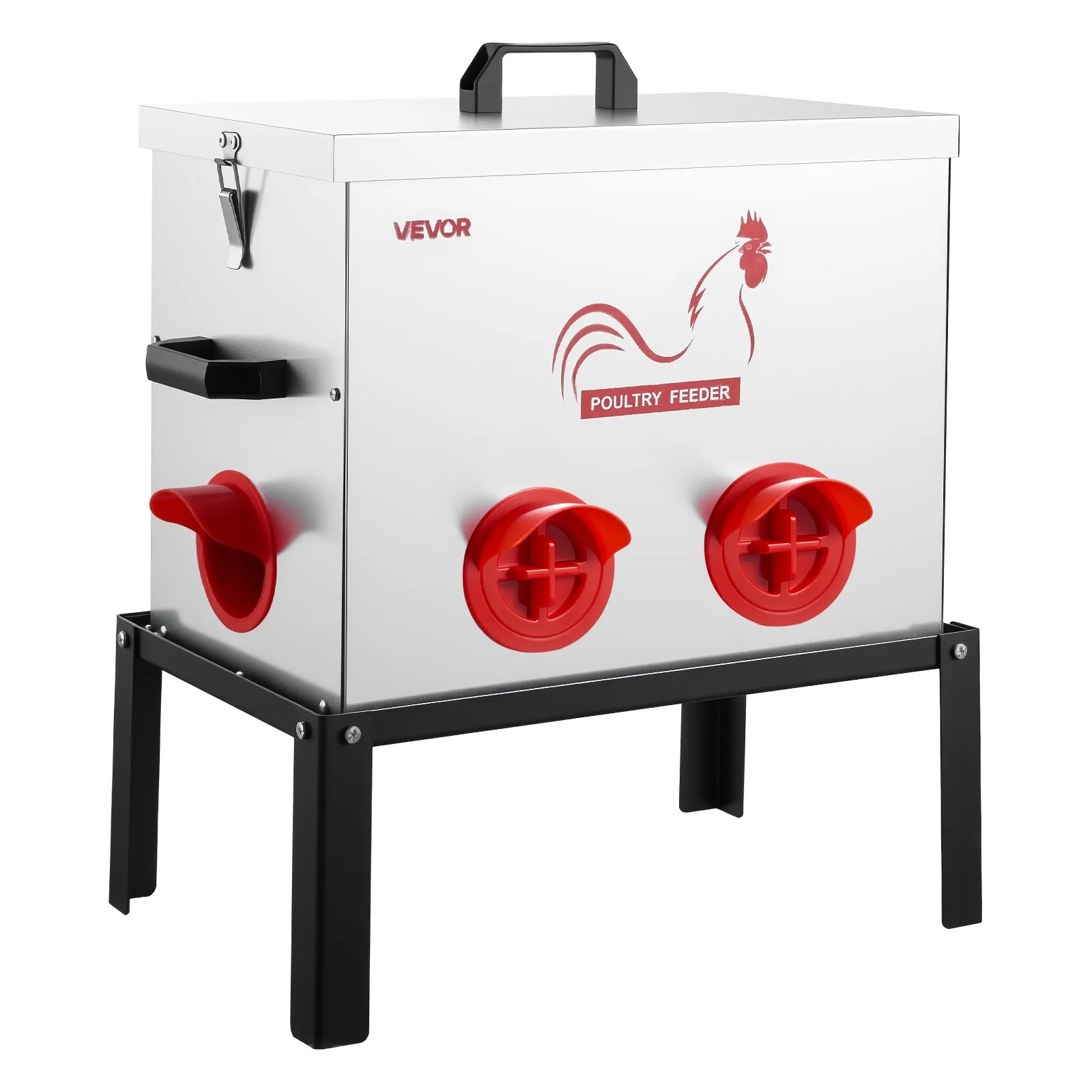 Automatic Chicken Feeder, 40 lbs Capacity, 6 Feeding Ports No-Waste Poultry Feeder with Built-In Divider, with Latch & Handle, Metal Construction, for Chickens Bantams Pheasants Poultry Coop