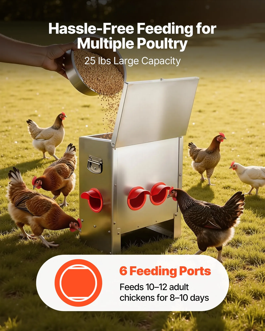 Automatic Chicken Feeder, 25 lbs Capacity, 6 Feeding Ports No-Waste Poultry Feeder, Automatic Gravity, with Handle Latch Lid, Metal Construction, for Chickens Bantams Pheasants Poultry Coop