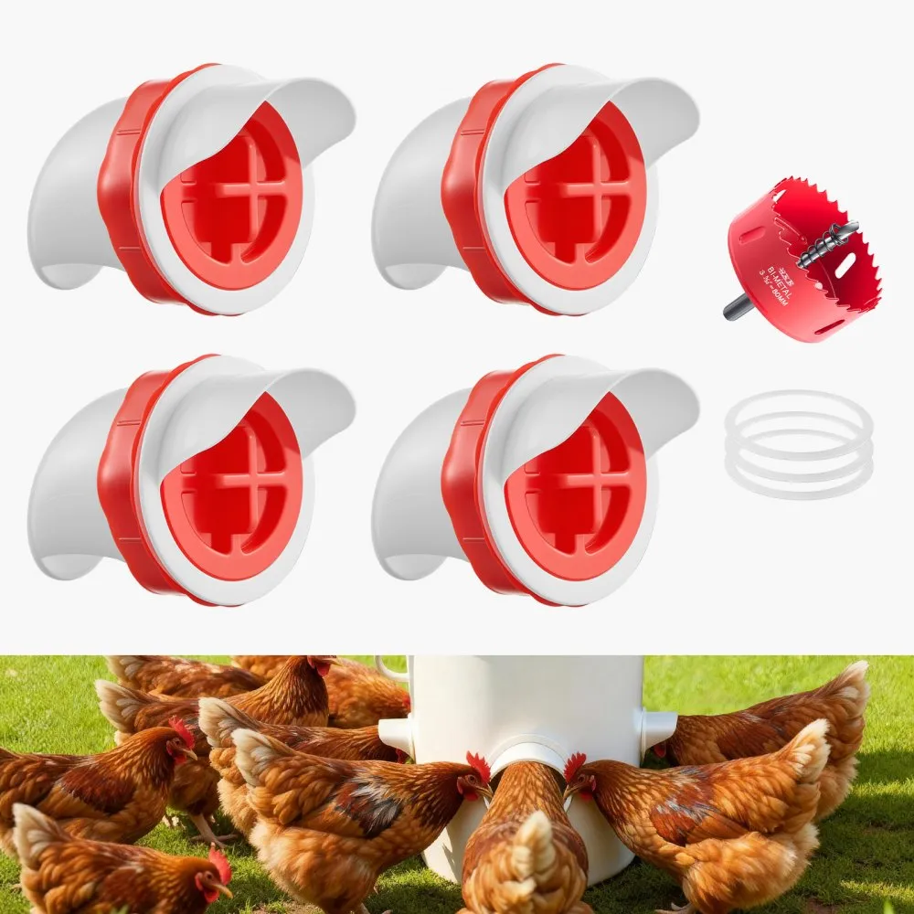 DIY Chicken Feeder, 4 Feed Ports, Rain Proof Poultry Feeder with Cover, No Waste, Automatic Gravity Feed Kit with Sturdy Steel Hole Saw, Rubber Sealing Ring, for Buckets, Barrels, Bins, Troughs