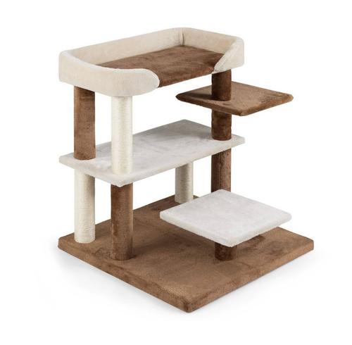 2-in-1 Cat Tree Tower Pet Steps with Sisal Scratching Posts and 4 Large Platforms-Brown - Color: Brown