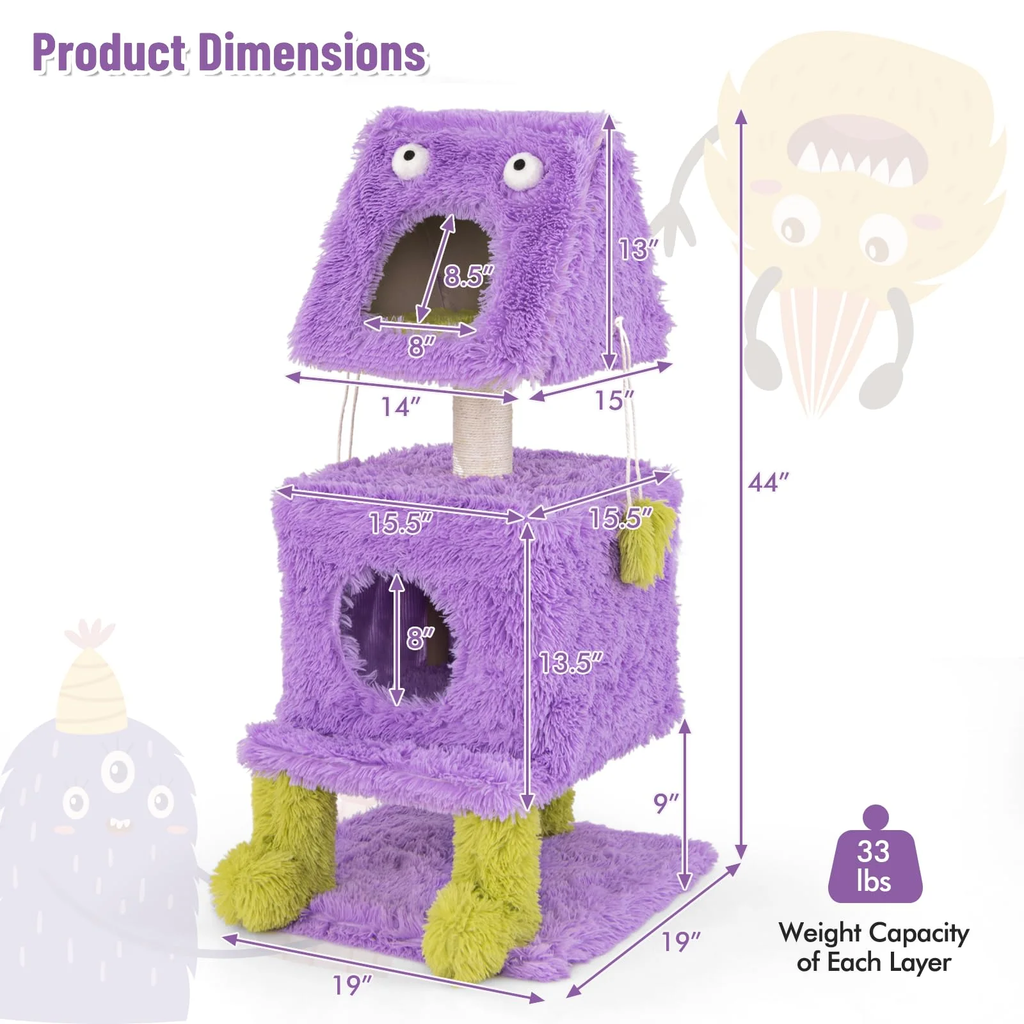 Cute Monster-Themed Cat Tower with 2 Private Condos for Small Place-Purple