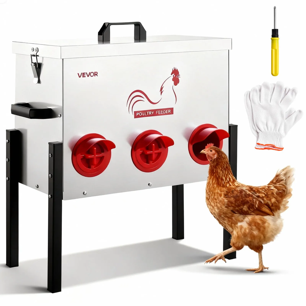 Automatic Chicken Feeder, 30 lbs Capacity, 6 Feeding Ports No-Waste Poultry Feeder, Automatic Gravity, with Adjustable Height & Locking Lid, Metal Construction, for Chickens Bantams Pheasants