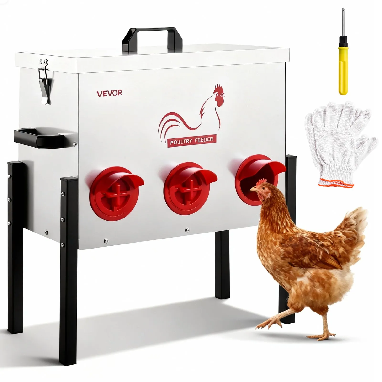 Automatic Chicken Feeder, 30 lbs Capacity, 6 Feeding Ports No-Waste Poultry Feeder, Automatic Gravity, with Adjustable Height & Locking Lid, Metal Construction, for Chickens Bantams Pheasants
