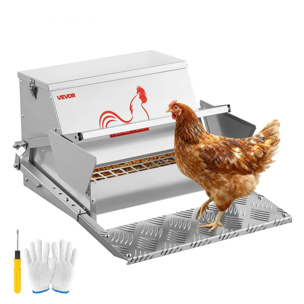 Automatic Chicken Feeder, 40 lbs Capacity, Rainproof Treadle Poultry Feeder with Lockable Lid, No Waste, Galvanized Steel Construction, Outdoor Use, for Chicken, Bantams, Poultry, Pheasants