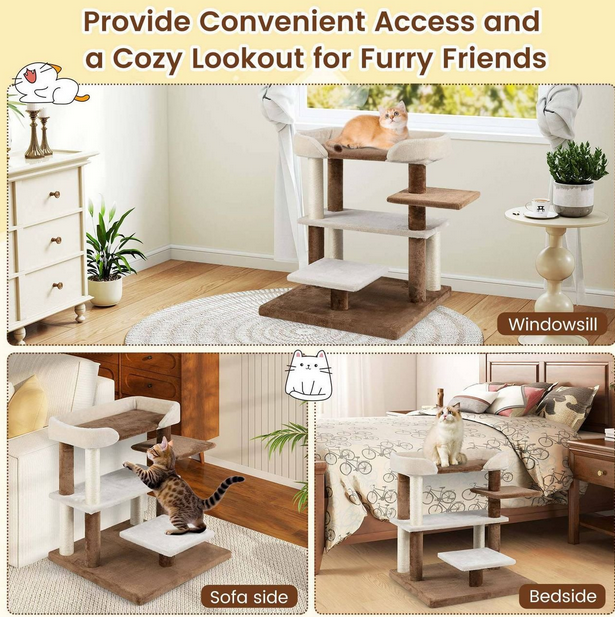2-in-1 Cat Tree Tower Pet Steps with Sisal Scratching Posts and 4 Large Platforms-Brown - Color: Brown