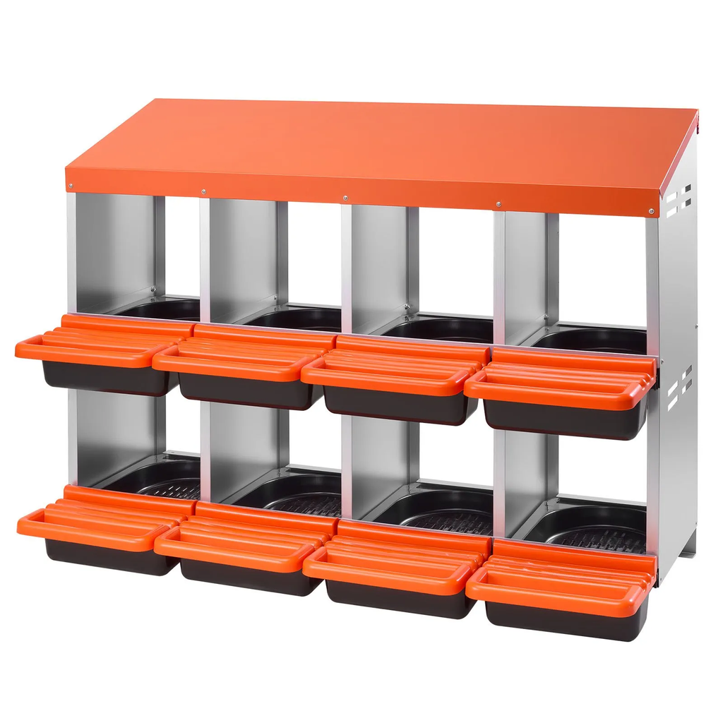 2 Tiers Chicken Nesting Boxes, 8 Compartments, Metal Egg Laying Boxes with Protective collection Lids, Roll Out Nesting Box, Easy to Assemble, Ideal for Hens, Ducks, Chickens, and Other Poultry